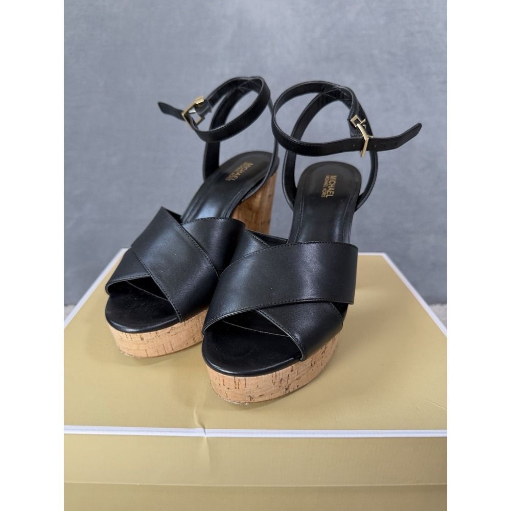 Michael‎ Kors Odette Cork Platform Leather Sandals Women's Size 7M Black